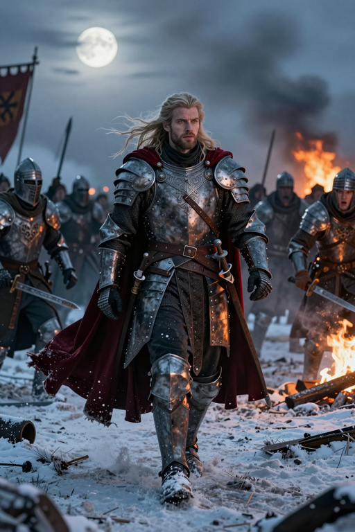 Ay ışığı altında, karlı bir savaş alanında tam zırhlı, sarışın bir şoca (knight) şövalye yürümüyor.