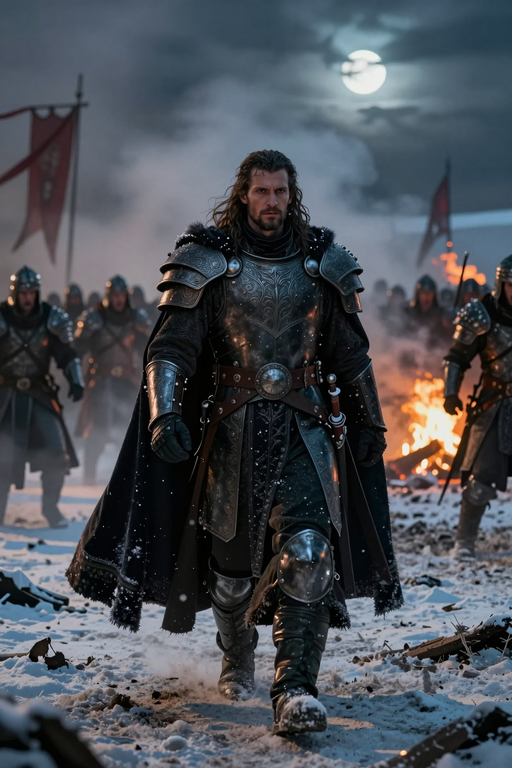 A powerful medieval warrior in heavy armor walks through a snowy battlefield at night.