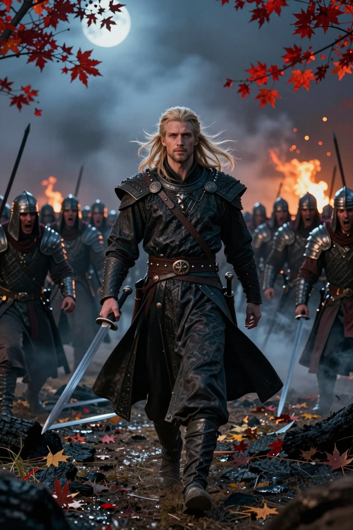 A group of medieval warriors led by a blonde man advances under a full moon amidst fire and red leaves.