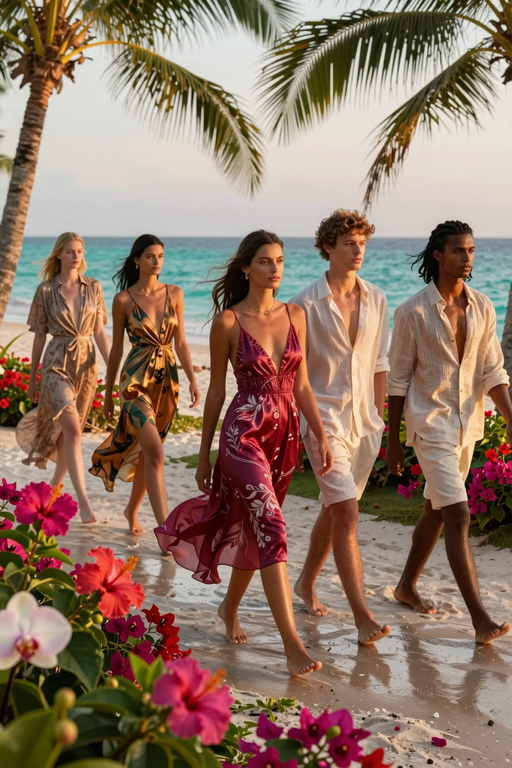 A group of fashionable models walking along a tropical beach at sunset.