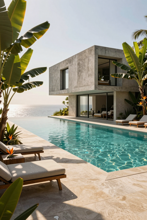 A luxurious modern concrete villa with an infinity pool overlooking the calm blue ocean.