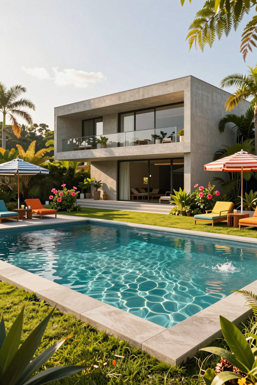 A luxurious modern concrete villa featuring a beautiful swimming pool and tropical garden.