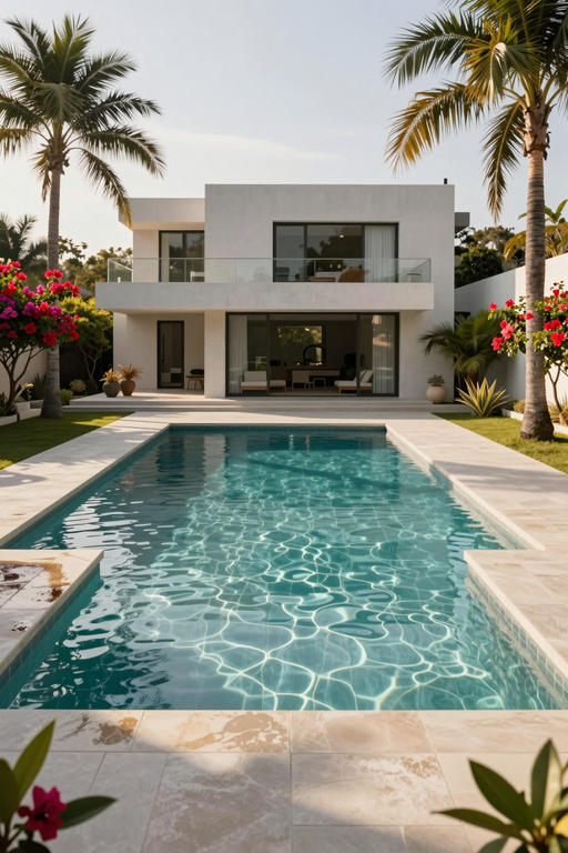 A luxurious modern white villa featuring a sparkling swimming pool surrounded by tropical greenery.