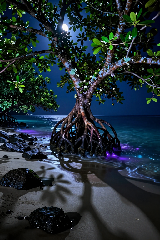 An ethereal mangrove tree stands on a moonlit beach with glowing bioluminescent waves.