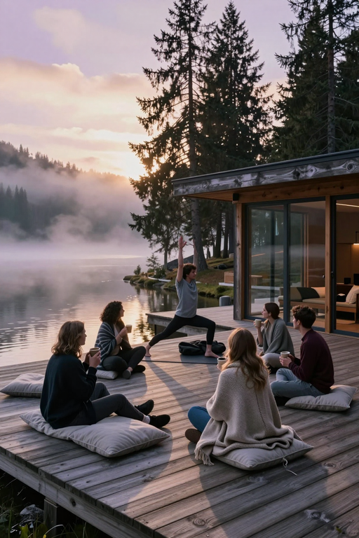 A group of people practicing yoga and enjoying coffee on a wooden deck by a misty lake at sunrise.