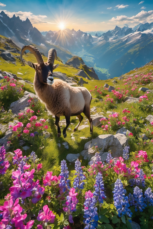 Eine majestätische Bergziege steht inmitten bunter Wildblumen auf einer sonnenbeschienenen Almwiese, umgeben von schneebedeckten Gipfeln.
