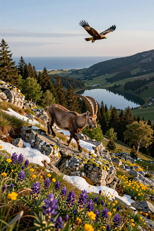 A mountain goat walks across a rocky slope with an eagle soaring above a scenic alpine lake.