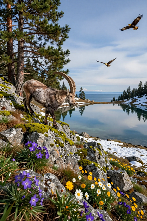 A mountain goat stands on a rocky, snowy slope overlooking a serene lake with eagles flying above.