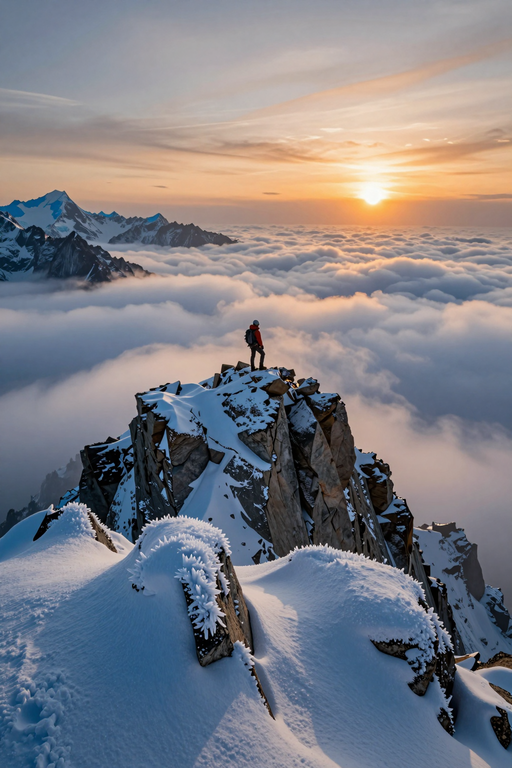 A lone adventurer stands atop a snowy mountain peak overlooking a vast sea of clouds at sunset.