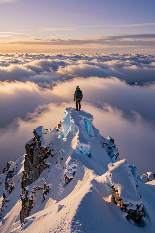 Un alpiniste solitaire se tient au sommet d'un pic montagneux enneigé, au-dessus d'une vaste mer de nuages au lever du soleil.