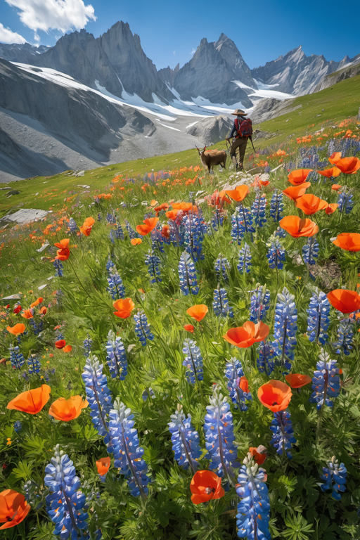 A hiker walks through a vibrant meadow of orange poppies and blue lupines against majestic snow-capped mountains.