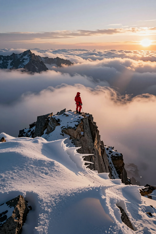 A lone mountaineer stands atop a snowy peak overlooking a vast sea of clouds at sunrise.