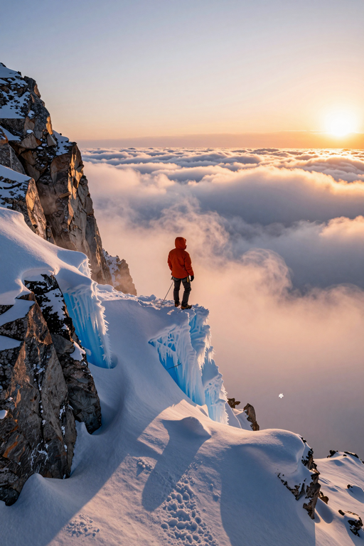 A lone climber in an orange jacket stands on a snowy mountain ledge above a sea of clouds.
