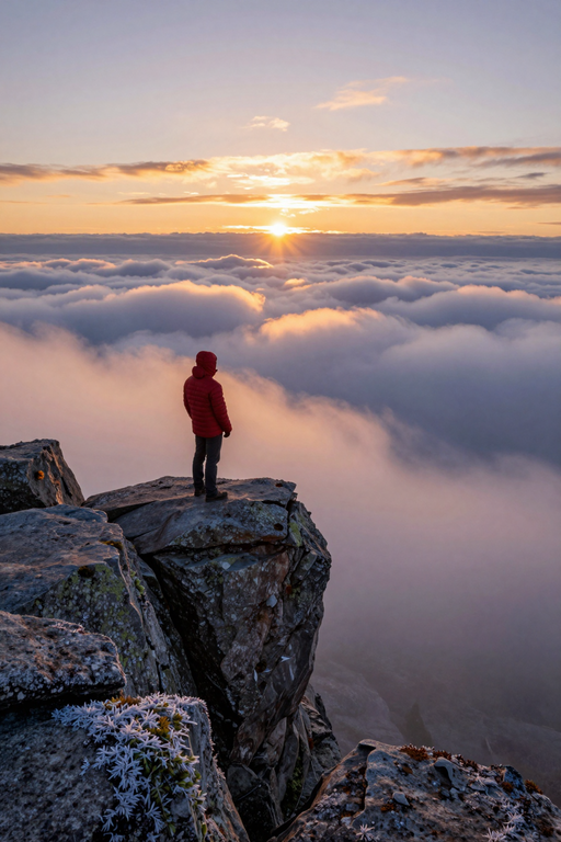 A person in a red jacket stands on a rocky cliff overlooking a vast sea of clouds at sunrise.