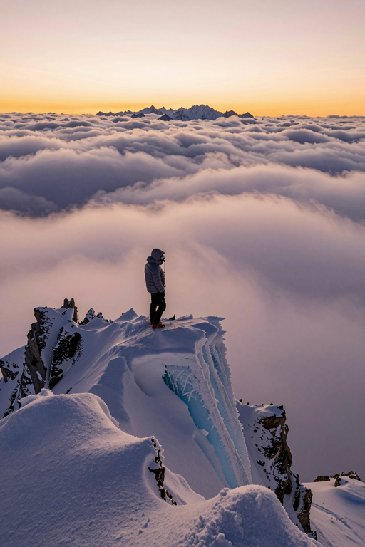 A person stands atop a snowy mountain peak overlooking a vast sea of clouds at sunset.