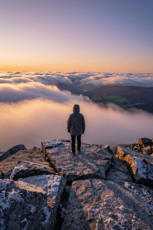 A lone person stands on a frost-covered rocky peak overlooking a sea of clouds at sunrise.