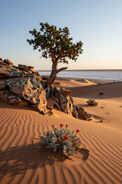 A resilient pine tree grows amidst sand dunes and rocks under a clear sky.