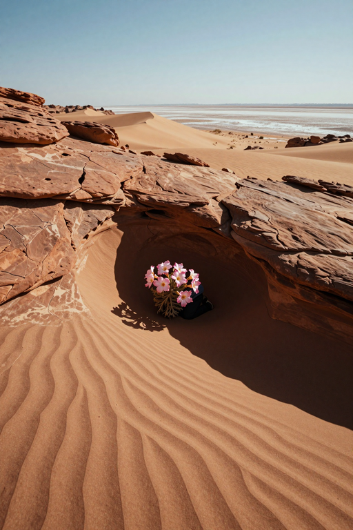 Pink flowers blooming amidst the warm sand dunes and rocky formations of a desert landscape.