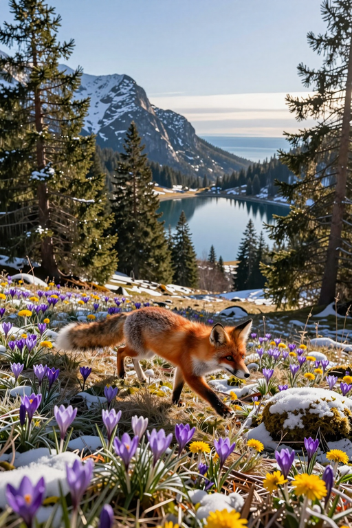 Ein Rotfuchs läuft durch ein Feld aus lila Krokussen in einer verschneiten Gebirgslandschaft.