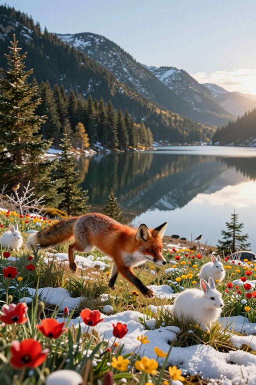 A red fox walks through a snowy landscape with deer and mountains in the background.