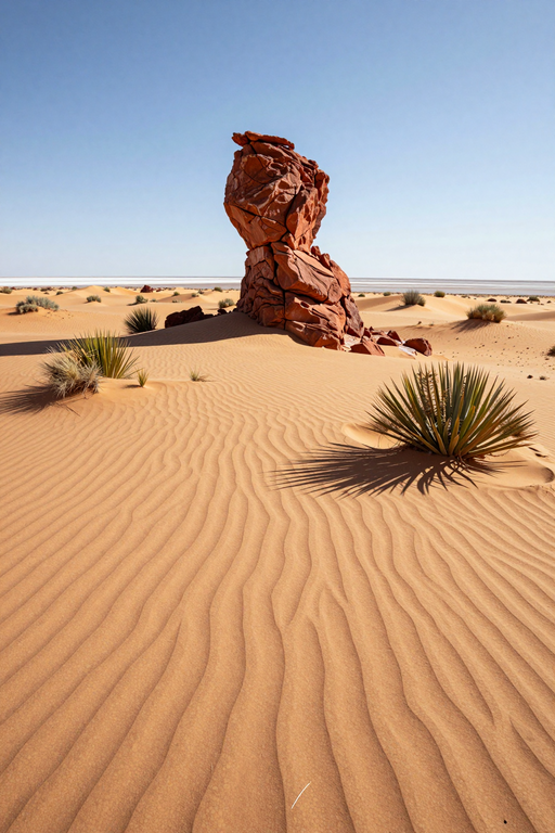 A striking red rock formation stands amidst rippled sand dunes under a clear blue sky.
