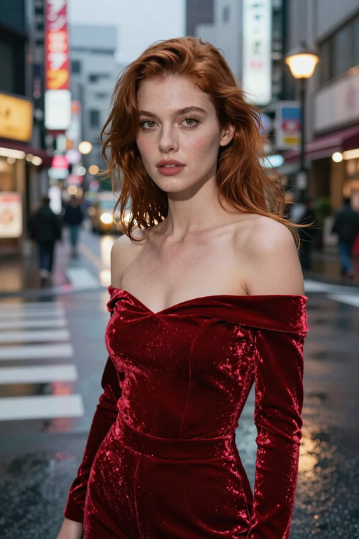 A beautiful redhead woman wearing an elegant red velvet off-the-shoulder dress stands on a city street.