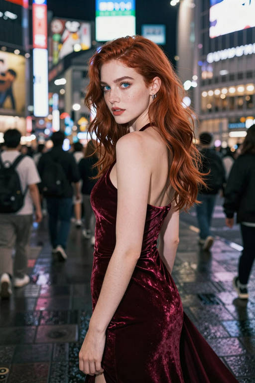 Una bellissima donna con i capelli rossi posa in un abito di velluto in una vivace strada cittadina di notte.