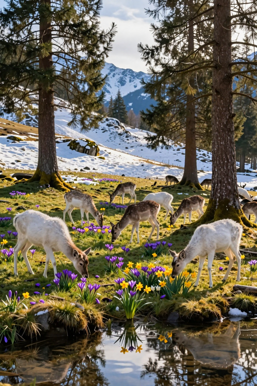 Un troupeau de rennes broutant dans une prairie printanière fleurie avec des montagnes enneigées en arrière-plan.