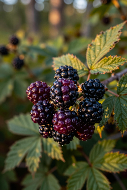 A close-up view of ripe blackberries covered in dew drops on a green leafy branch.