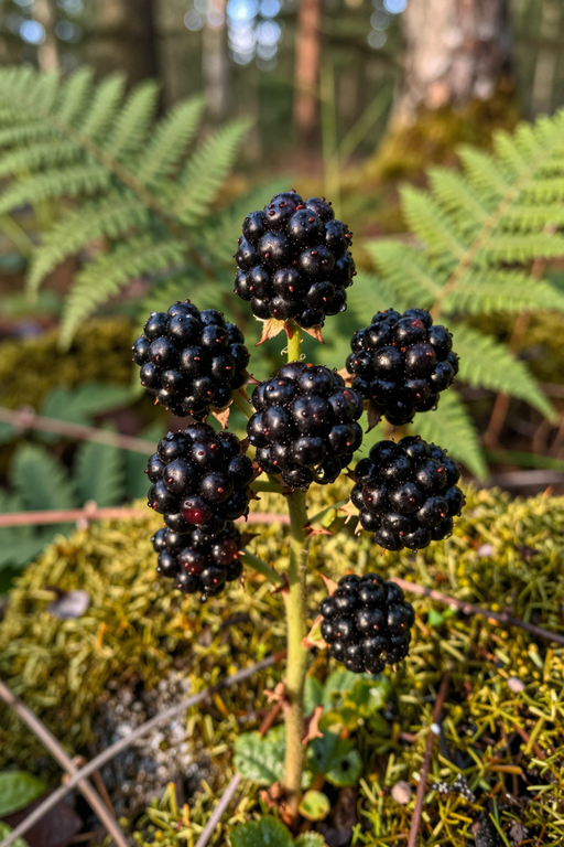 A close-up shot of ripe blackberries covered in dew drops in a sunlit forest.