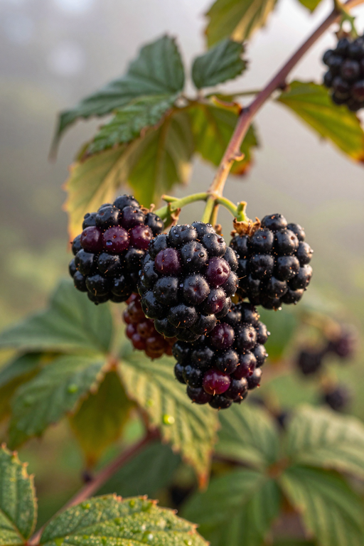 A close-up view of ripe blackberries covered in dew droplets on a leafy branch.