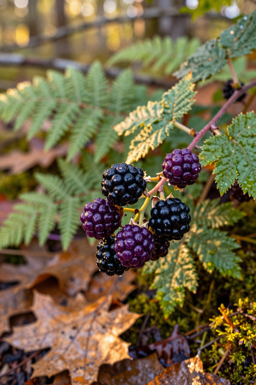 A close-up shot of ripe blackberries and red berries hanging from a green vine in a sunlit forest.
