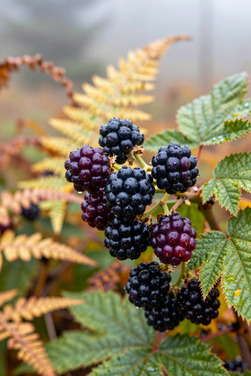A close-up shot of ripe blackberries covered in fresh water droplets on a green vine.