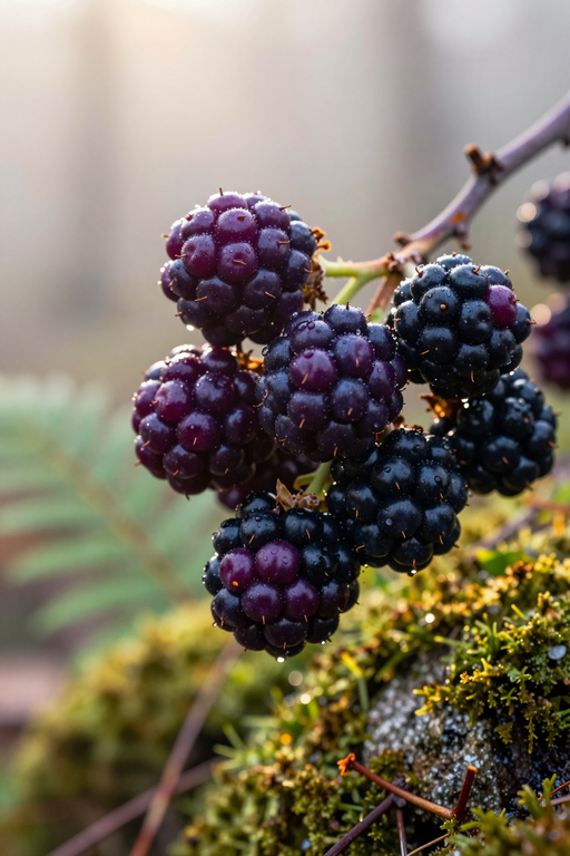 A close-up macro shot of ripe blackberries covered in tiny dew drops on a mossy branch.