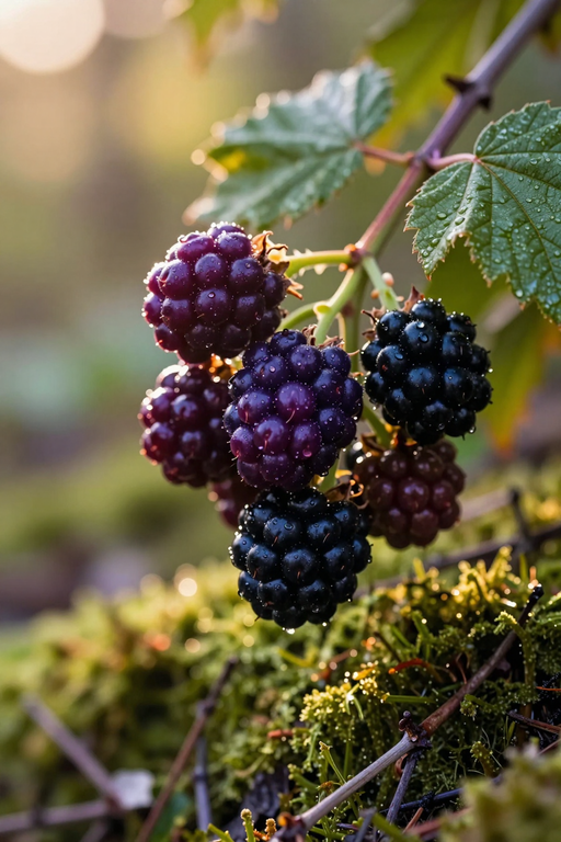 A close-up shot of ripe blackberries covered in morning dew on a vine with soft sunlight.