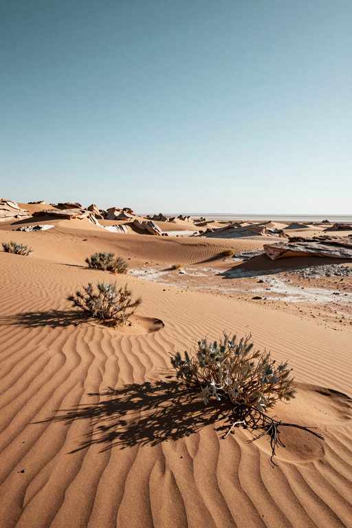 A vast desert landscape featuring rippled sand dunes under a clear blue sky.