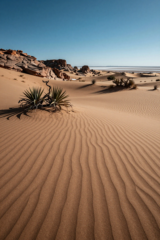 A serene desert landscape featuring rippled sand dunes and rocky outcrops under a clear blue sky.