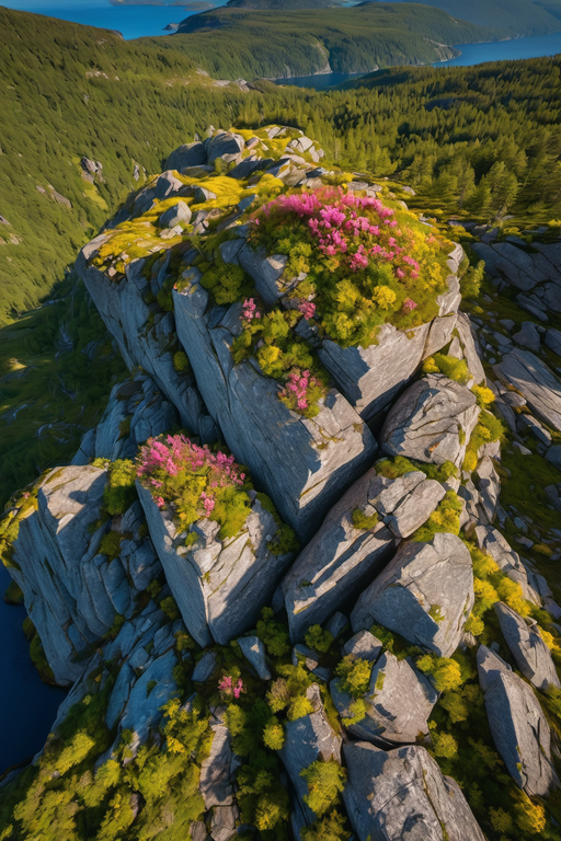 A high-angle view of a rocky mountain outcrop covered in vibrant pink wildflowers and green moss.