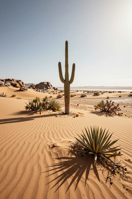 A tall saguaro cactus stands prominently amidst rippled sand dunes in a sunny desert landscape.