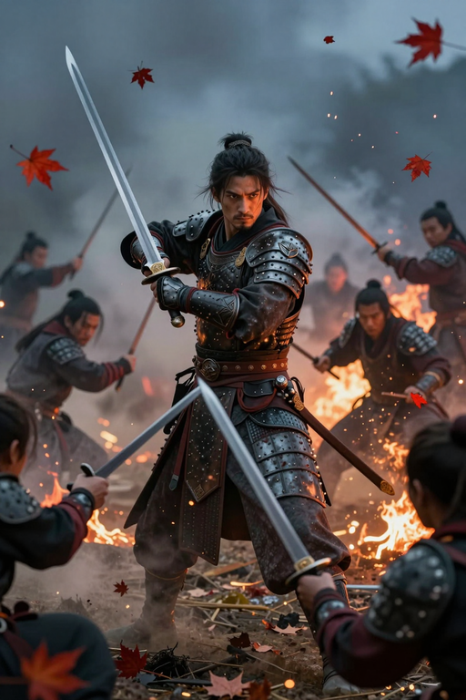 A group of armored warriors engaged in a dramatic sword battle amidst falling autumn leaves.
