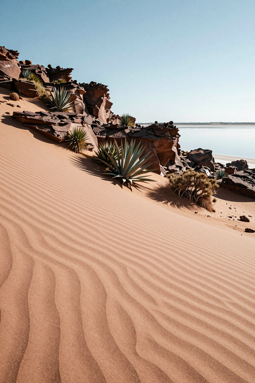 A close-up view of rippled sand patterns on a desert dune under bright sunlight.