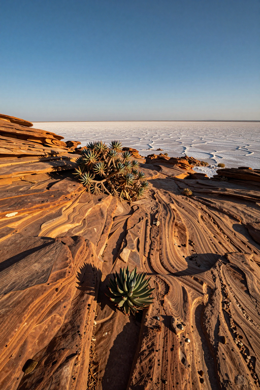 A vast desert landscape featuring layered sandstone rock formations and a distant salt flat under a clear sky.