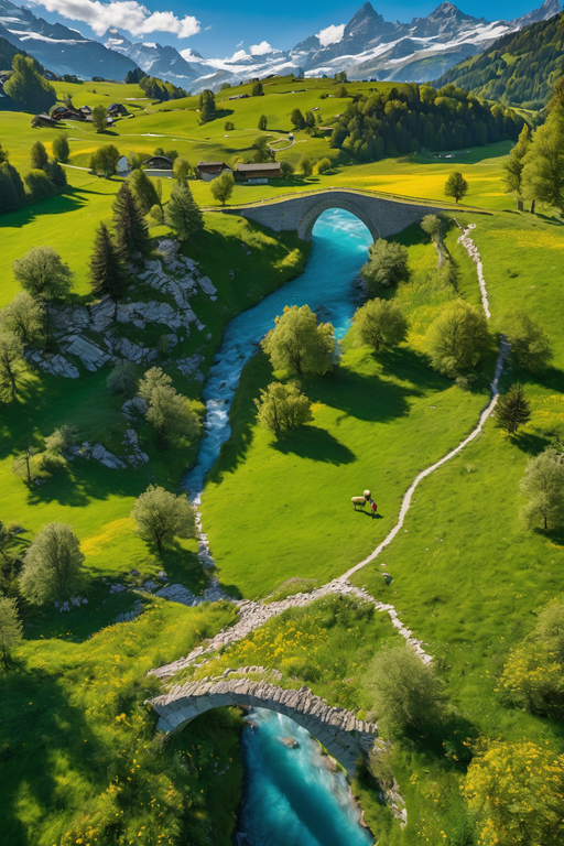A scenic alpine landscape featuring a bright blue river flowing under stone bridges through lush green hills and mountains.