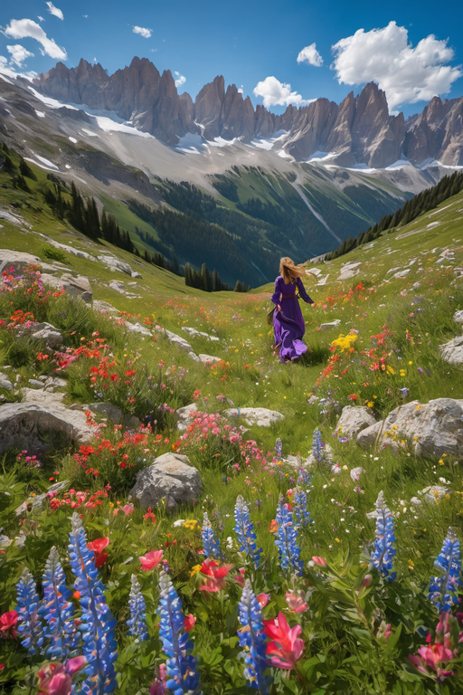 A woman in a purple dress walks through a vibrant wildflower meadow towards majestic snow-capped mountains.