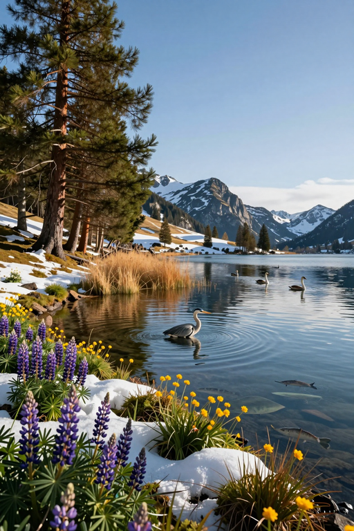 Un lac alpin serein avec des canards nageant parmi des fleurs sauvages enneigées et des montagnes majestueuses en arrière-plan.