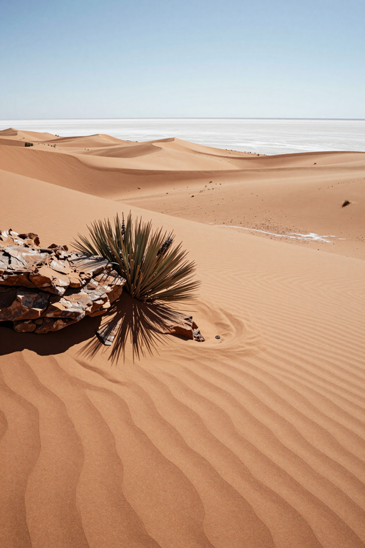 A serene view of undulating sand dunes under a clear blue sky with rocks and a spiky plant.
