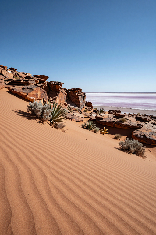Serene desert landscape with rippled sand dunes, rocky outcrops, and a pinkish lake under a clear blue sky.