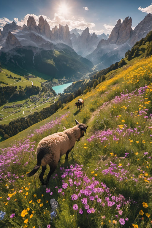 A sheep grazes on a lush, flower-filled mountainside overlooking a scenic alpine valley.