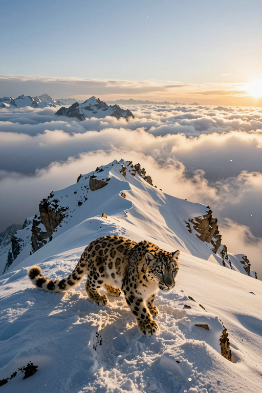 A majestic snow leopard walks across a snowy mountain ridge above the clouds.