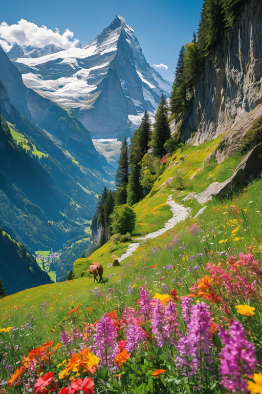 A breathtaking view of a snow-capped mountain peak overlooking a lush green alpine meadow filled with colorful wildflowers.